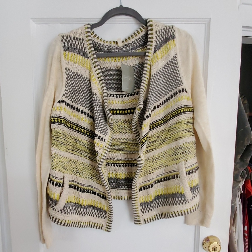 Anthropologie L Cream/Gray/Green/Yellow Sweater